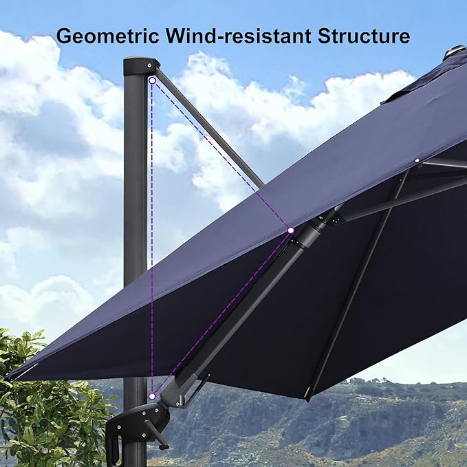PURPLE LEAF 9' X 12' Right-left Tilt Patio Umbrella with Base Outdoor Cantilever Swivel Rectangle Umbrella Aluminum Offset Umbrella with 360-degree Rotation for Garden Deck Pool Patio Navy PURPLELEAF