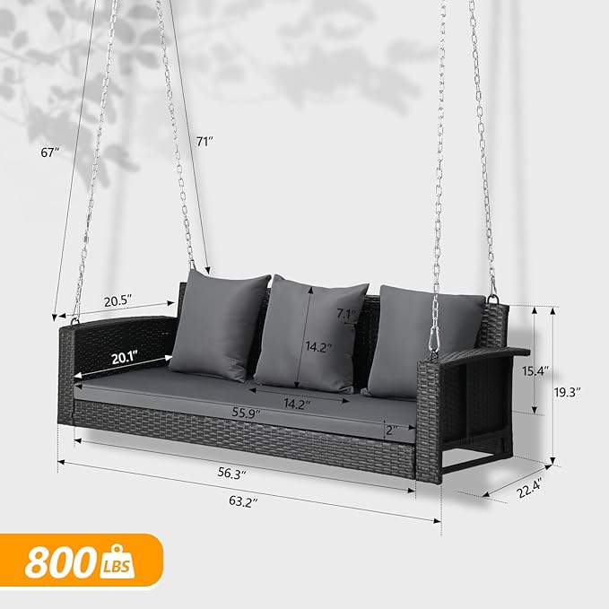 VINGLI Heavy Duty 800 LBS Wicker Hanging Porch Swing with Cushions & Chains, 5FT Outdoor Rattan Swing Bench for Garden, Yard, Lawn (Black) VINGLI