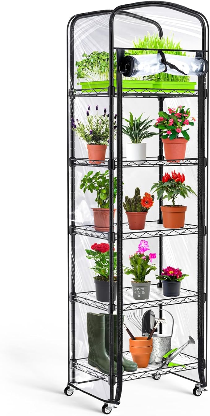 Abimars 5-Tier Mini Greenhouse with Caster Wheels, Each Shelf Height Adjustable Metal Plant Shelf with PVC Cover for Seed Starting Trays, Seedling Pots, Plant Pots, 11x16x57inch Abimars