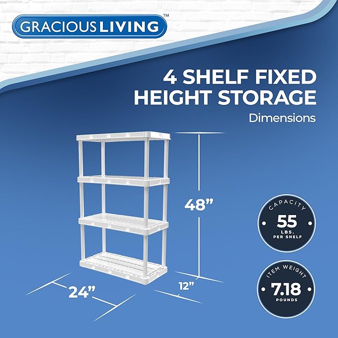 Gracious Living 4 Shelf Knect-A-Shelf Ventilated Light Duty Storage Home Organizer with Adjustable Shelves for Garage, Basement, and Laundry, White GraciousLiving