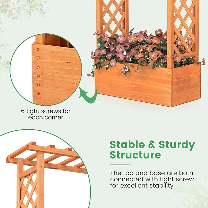 Giantex Set of 2 Raised Garden Bed with 2-Sided Trellis & Hanging Roof, Fir Wood Planter Box w/Drainage Holes, Bottom Gaps, Freestanding Garden Planter for Flowers Herbs Climbing Vines (31"x12.5"x60") Giantex