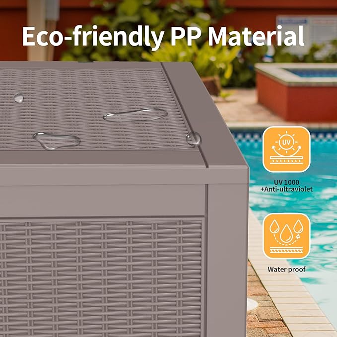 DRATO 100 Gallon Large Deck Box, Outdoor Storage Box for Patio Furniture, Patio Cushions, Gardening Tools, Pool Supplies,660lbs Weight Capacity,Waterproof Resin Storage Boxes（Gray，100 Gallon） DRATOprovidesawarmandcozy