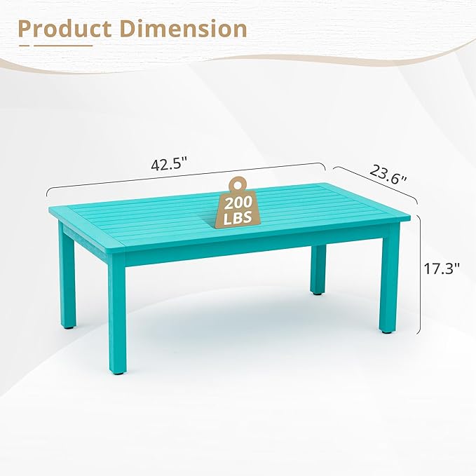 LUE BONA Outdoor Coffee Table, HDPS Patio Coffee Tables for Outside Rectangle, Adjustable Levelling Feet/Weather Resistant, Patio Table for Deck, Pool, Balcony, Indoor or Outdoor Use, Aruba Blue LUEBONA