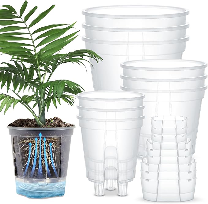Self Watering Pots for Indoor Plants with Deep Reservoir and High Drainage Holes for Outdoor Plants and Flowers, Bare Root Planter(4.72'', 5.91'', 7.09'',Clear,9 Pcs) Wonderjune