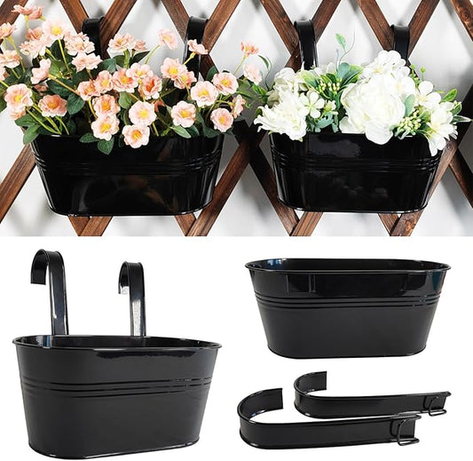 2 Pack Metal Hanging Planter for Outdoor Plants, 10 Inch Black Fence Planters Railing Pots for Garden Patio Balcony Decor, Flower Bucket with Detachable Hooks (Black, 2Pcs) JOYFERNAL