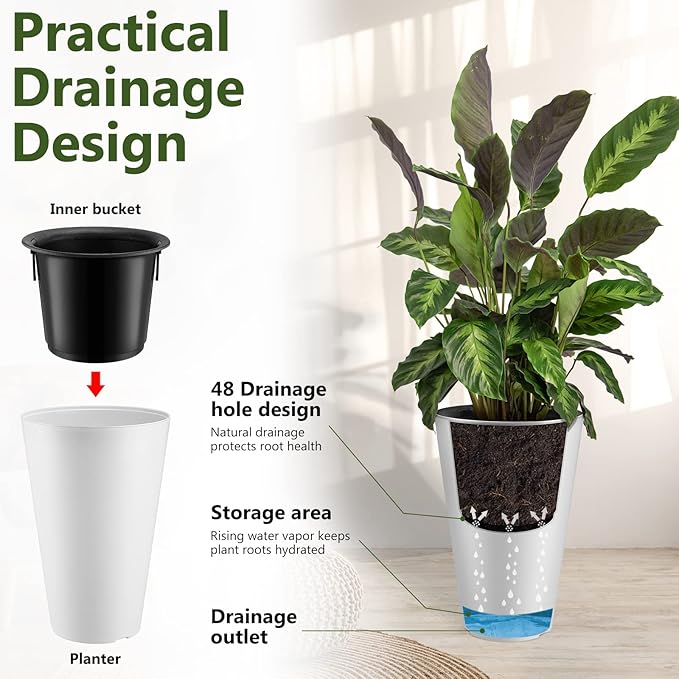 Sieral Set of 2 Tall Outdoor Planters 12 x 18 Inch Large Resin Outdoor Planters for Front Porch Flower Round Floor Decorative Indoor Pots with Drainage(White) Sieral