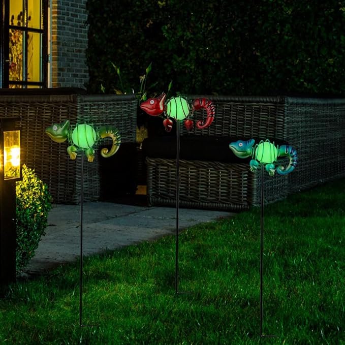 3 Pack Garden Stakes Decorative,Cute Chameleons Glow in The Dark Metal Garden Decor,Waterproof Metal Yard Art Decor for Outside,Funny Present for Mom Women Grandma SATHGA