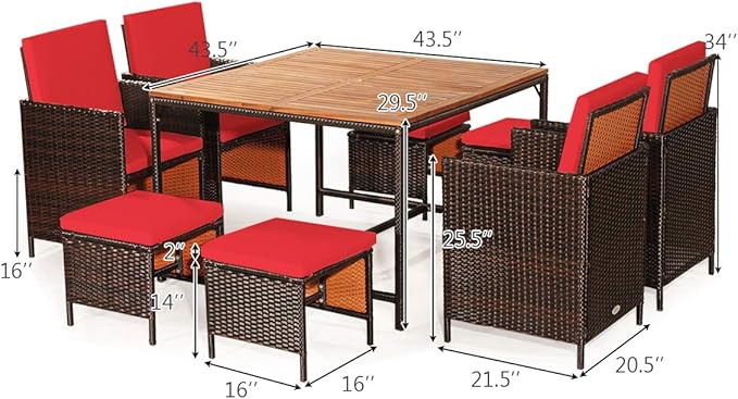 Tangkula 9 Pieces Acacia Wood Patio Dining Set, Space Saving Wicker Chairs and Wood Table with Umbrella Hole Outdoor Furniture Set, Suitable for Garden, Yard, Poolside, Outdoor Seating Set TANGKULA