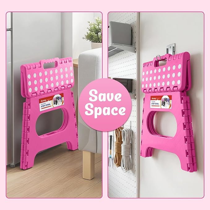 ACSTEP Folding Step Stool 11 Inch, Sturdy Plastic Foldable Step Stool for Kids & Adults, Non Slip Lightweight Collapsible Foot Stools Holds 300 lbs, Ideal for Kitchen, Bathroom, Bedroom, Rose red ACSTEP
