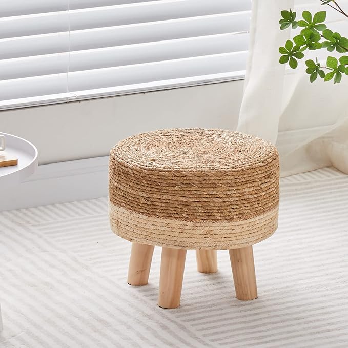 Cpintltr Foot Stool Natural Seagrass Hand Weave Poufs Round Ottoman for Couch Desk Soft Step Stool Padded Foot Rest with Non-Skid Pine Legs for Hallway Office Lounge Natural/White CpintltrFruniture