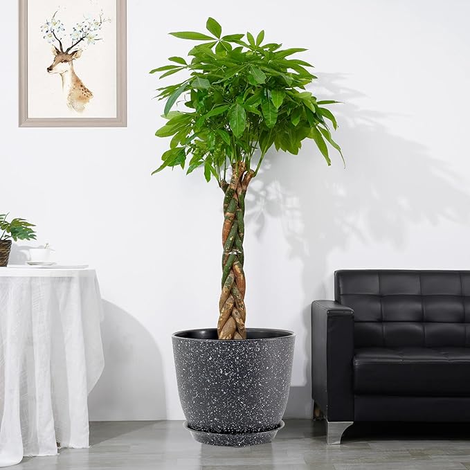 12inch Large Plant Pot, Modern Plastic Planter with High Driange Holes and Saucer for Indoor Outdoor Garden Plants and Flowers, Black Speckles UOUZ