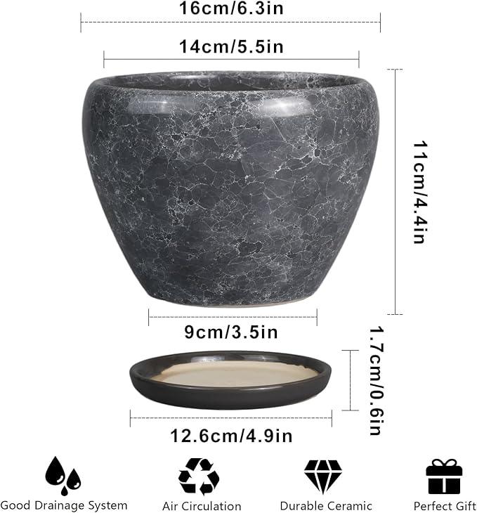 Ceramic Planter - 6 Inch Plant Pot with Drainage Hole and Saucer, Succulent Pot Glaze Round Flower Pot for Indoor Outdoor Plants, Gray Ceramicfor