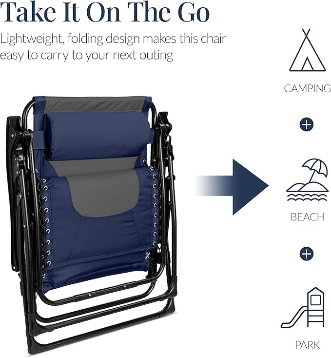 Best Choice Products Oversized Padded Zero Gravity Chair, Folding Outdoor Patio Recliner, XL Anti Gravity Lounger for Backyard w/Headrest, Cup Holder, Side Tray, Polyester Mesh - Navy/Gray BestChoiceProducts