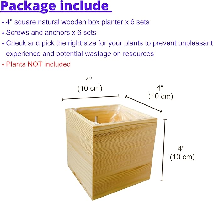 LaLaGreen Wooden Planter Box for Plants (4x4 Inch, 6 Pack) Small Square Wall Planters for Indoor Plant, Natural Wood Hanging Flower Boxes Herb Planter Table Centerpiece Modern Home Garden Office Decor L%C3%A1L%C3%A1Green