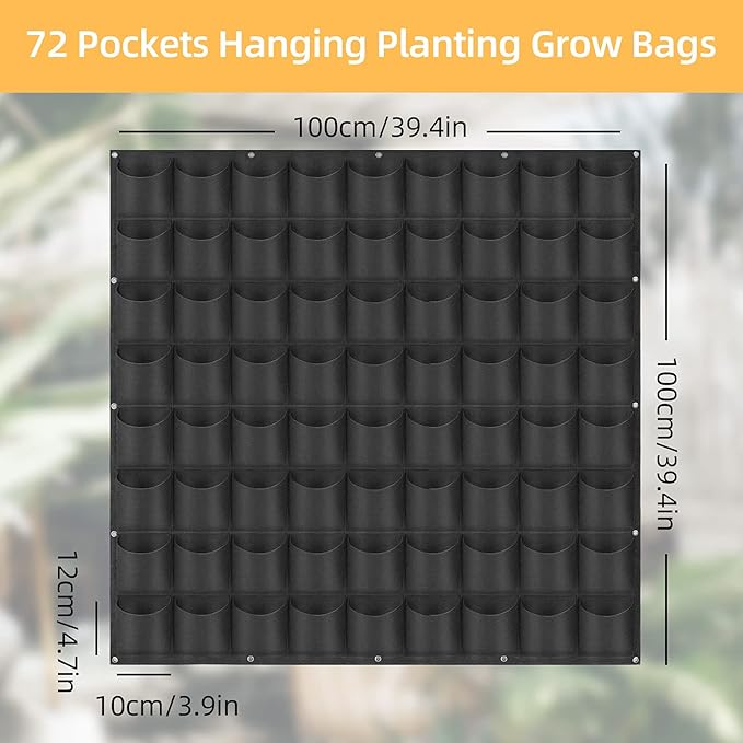 Hanging Planting Grow Bags, 72 Pockets Hanging Vertical Wall Planter Wall Mounted Grow Bag Outdoor Indoor Gardening Vertical Greening Flower Container, Planting Bags Storage Bags(1.0 m × 1.0 m, Black) LITLANDSTAR