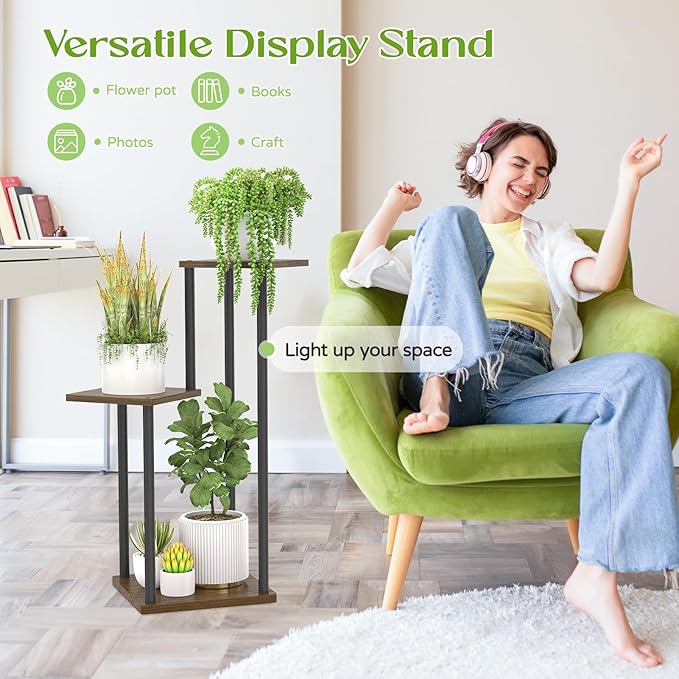 3 Tier Plant Stand Indoor Outdoor, Wood Metal Flower Shelf Pot Holder Clearance, Tall Multiple Plants Corner Rack Aesthetic Organizer for Patio Orchid Office Porch Living Room Garden, Black Oak Oppro