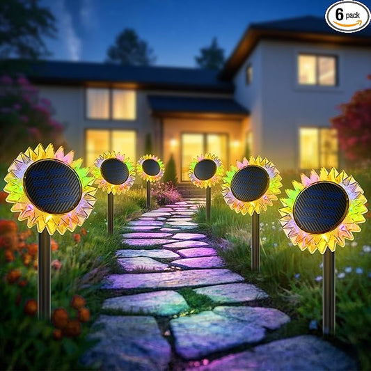 Outdoor Solar Lights, 6 Pack Led Solar Sunflower Lights, Stake/Wall 2-in-1 Waterproof Solar Garden Lights for Yard, Landscape, Fence, Patio, Driveway, Pathway, Backyard Decoration (Colourful) GIUNN