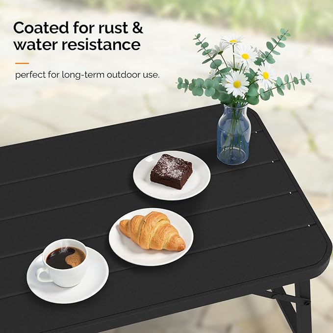 VINGLI Outdoor Folding Coffee Table, Rectangle Drainable Iron Patio Table for Balcony, Porch, and Living Room, Black VINGLI