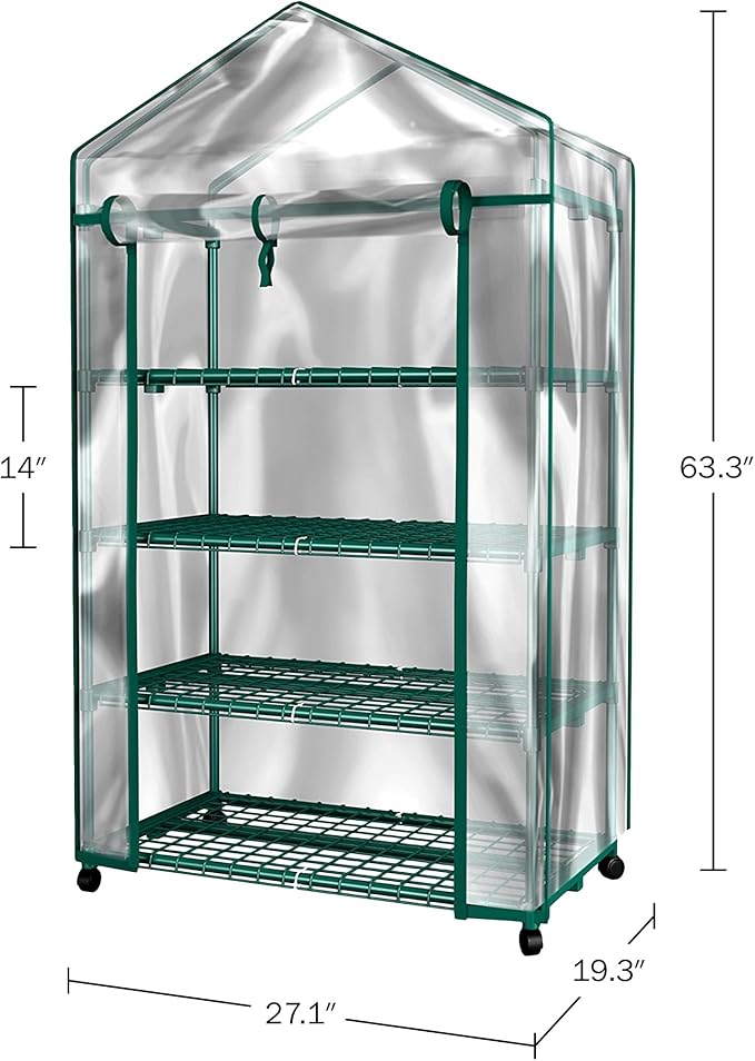 4 Tier Mini Greenhouse - Portable Greenhouse with Locking Wheels and PVC Cover for Indoor or Outdoor - 27 x 19 x 63-Inch Green House by Pure Garden Home-Complete