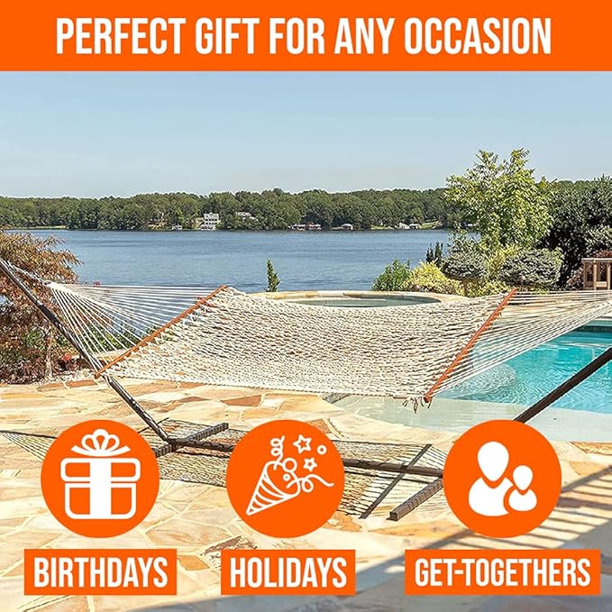 Castaway Living 13 ft. Double Traditional Hand Woven Oatmeal Polyester Rope Hammock – 2-Person, 450 lb Capacity, Free Extension Chains & Tree Hooks, Designed in The USA CastawayLiving
