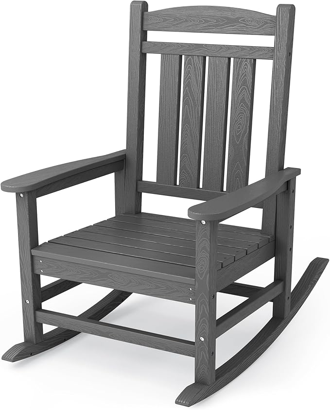 KINGYES HDPE Outdoor Rocking Chair, Widened Seat Patio Rocking Chair, Oversized All Weather Patio Rocker, Gray KINGYES