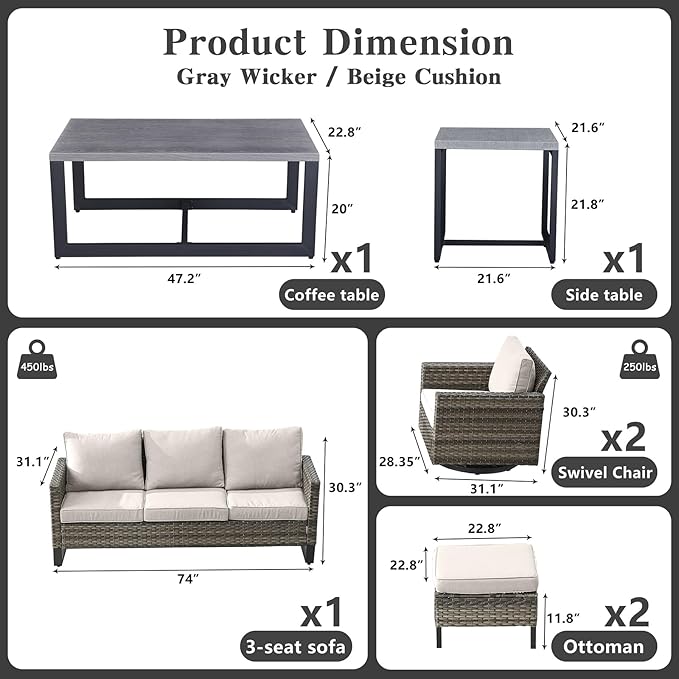 Belord 7 PCS Outdoor Furniture Set, Mixed Grey Wicker, Beige Cushion, Includes Swivel Rocker Chairs, Sofa, Ottomans, Water-Resistant Belord
