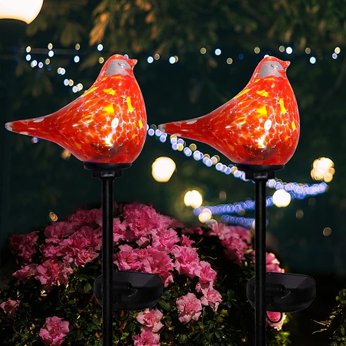 Afirst Solar Outdoor Lights - Decorative Solar Stake Lights Cardinal Handblown Glass Garden Stakes, Waterproof for Pathway Decoration, 2 Pack Afirst