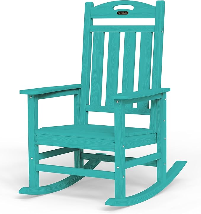 Oversized Outdoor Rocking Chair, High Back Porch Rocker Chair, HDPE All Weather Resistant Rocking Chairs for Patio, 380lbs Weight Capacity, Lake Blue Suunyn