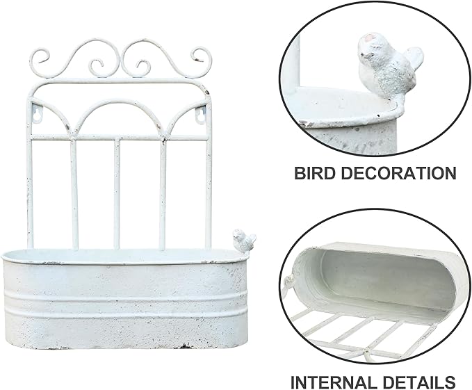 Rustic Metal Wall Planter Vintage Wall Mounted Flower Pot Distressed Wall Hanging Plant Basket Farmhouse Wall Decor for Indoor Outdoor Garden Home Yard (White) Rootora