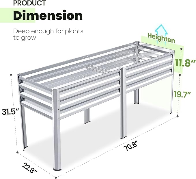 King Bird Raised Garden Bed with Legs Galvanized Large Elevated Planter Box for Backyard, Patio, Balcony, 600lb Capacity, Silver 70.9x22.8x31.5 in KINGBIRD