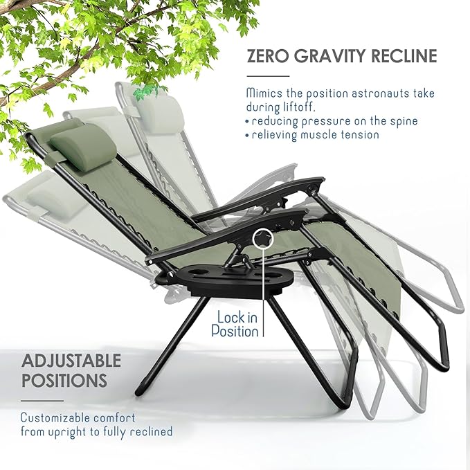 Nestl Zero Gravity Chairs Set of 4, Patio Lounge Chair Outdoor with Pillows & Cup Holder Trays, Adjustable Steel Mesh Reclining Camping Chair, Folding Patio Lawn Chair for Deck, Beach - Sage Green Nestl