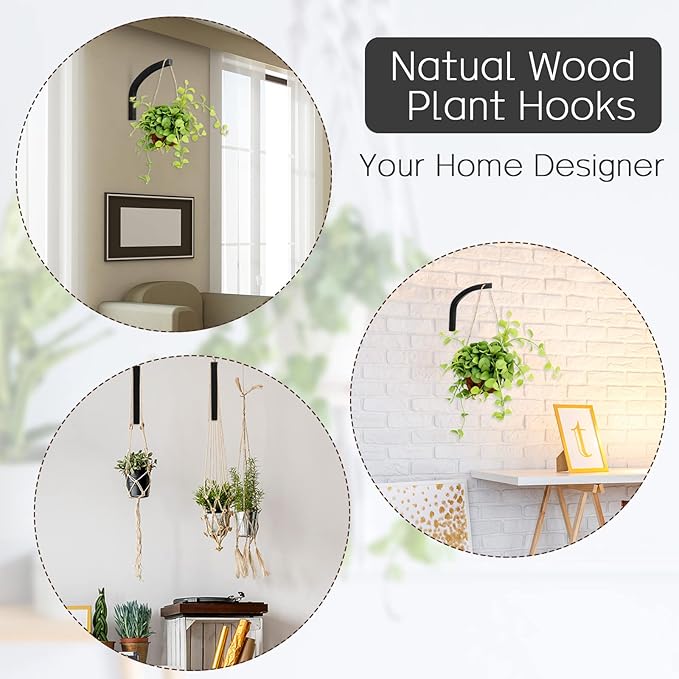 Juexica 4 Pcs Plant Hanger Wooden, 8 Inch Hanging Plant Hooks for Indoors and Outdoor, Wall Mounted Hanging Hook Brackets for Planters Lanterns Wind Chimes and Bird Feeders Patio Decor(Black) Juexica