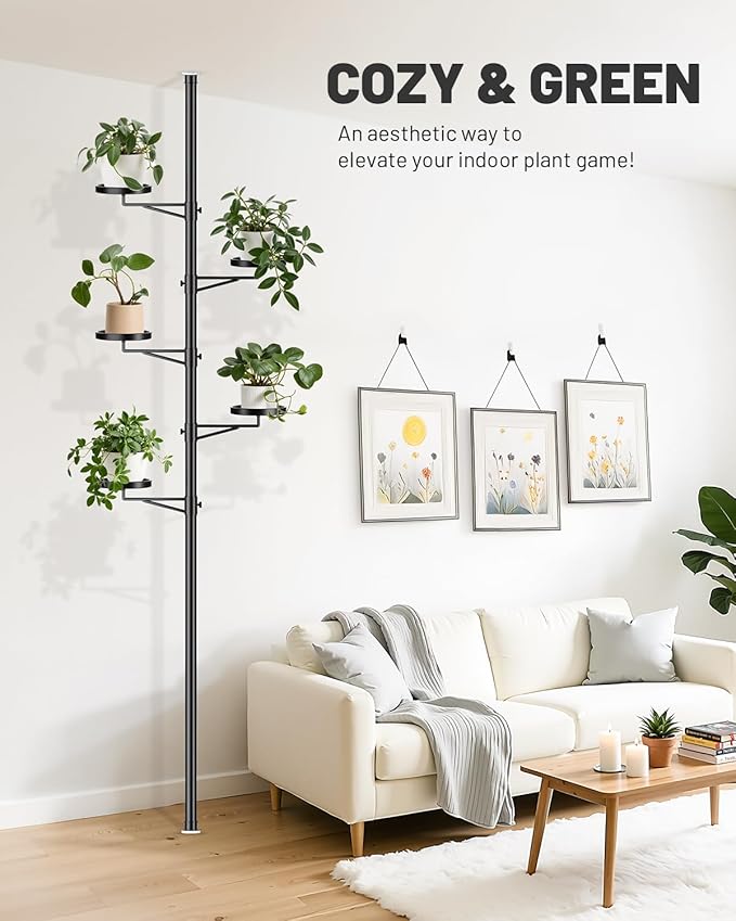 Tension Rod Plant Stand, 5 Tier Tension Pole Plant Stand with 5 Metal Trays, Plant Poles for Hanging Plants Indoor, Floor to Ceiling Plant Pole Hanging Plant Stand Zononoca