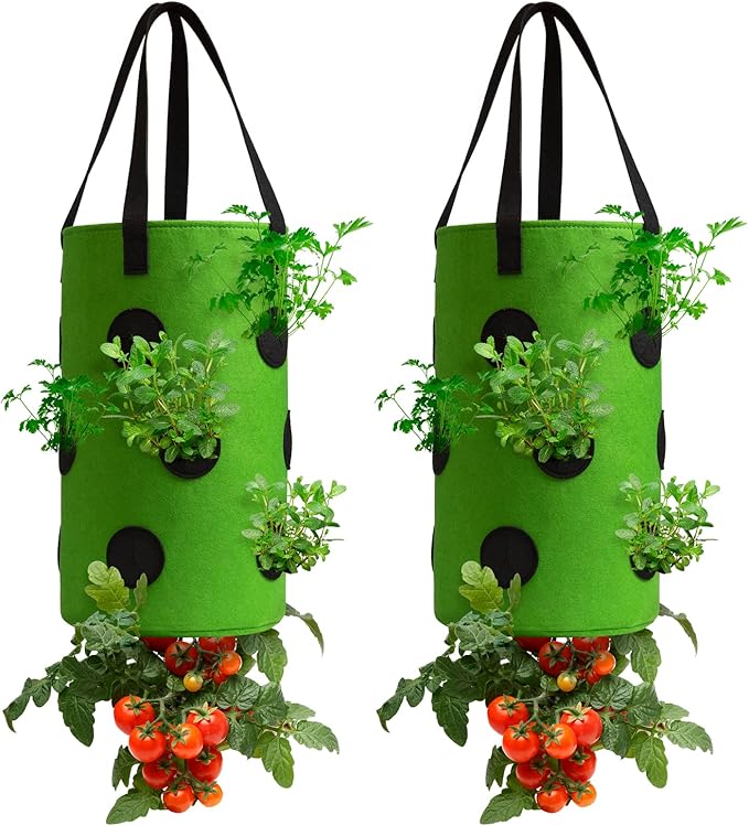 2 Pack Green Upside Down Tomato & Herb Planter, Outdoor Hanging Durable Aeration Fabric Strawberry Planter Bags Homyhoo