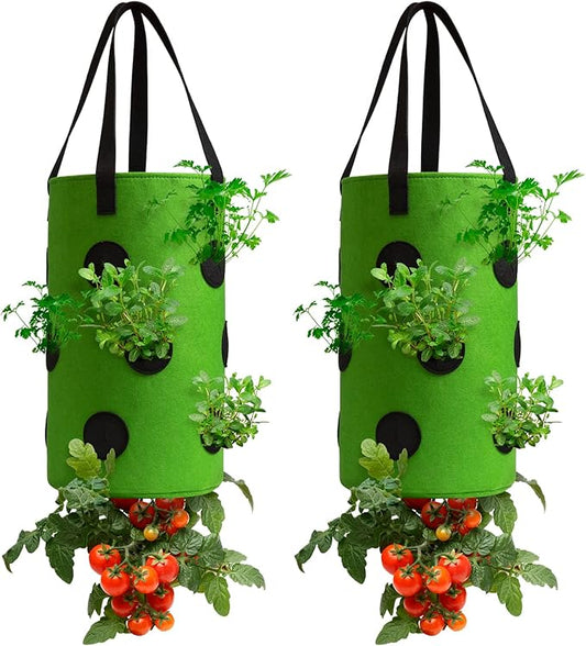 2 Pack Green Upside Down Tomato & Herb Planter, Outdoor Hanging Durable Aeration Fabric Strawberry Planter Bags Homyhoo