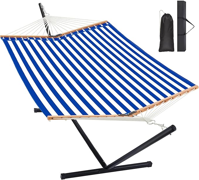 Two Person Hammock with Stand for Outside Heavy Duty, Outdoor Patio Hammock with Portable Steel Stand, Large Double Hammocks with Quick Dry Textilene Fabric,480lbs Capacity.(Blue White) HomgavaLiveWhatYouLove