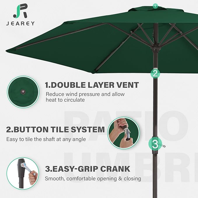 JEAREY 7.5FT Patio Umbrella Outdoor Market Umbrella with 6 Sturdy Ribs, Push Button Tilt/Crank Table Umbrella for Garden, Deck, Backyard and Pool, Dark Green JEAREYOutdoorsCollection