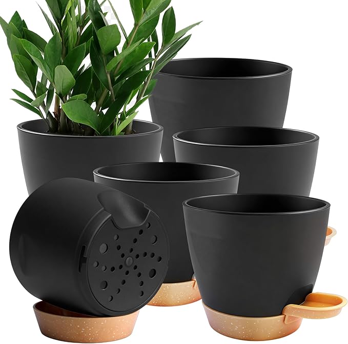 6-Pack Plant Pots with Drainage 5 Inch, Self Watering Pots for Indoor Plants, Planters for Indoor Outdoor Plants, Plastic Flower Pot, Planter for Indoor Outdoor (Black) Rootora