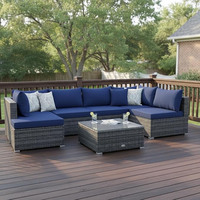 Tangkula 7 Pieces Wicker Patio Furniture Set, All-Weather Outdoor Rattan Sectional Sofa Set with Cushions & Tempered Glass Coffee Table, Outside Sofa Set for Garden, Lawn, Deck, Backyard (Navy) TANGKULA