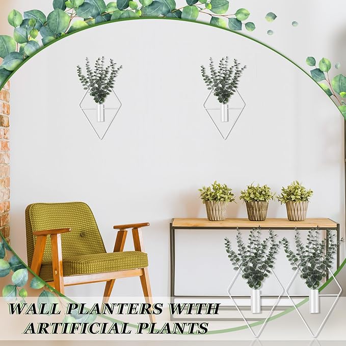 Jexine 8 Pcs Hanging Planters with Artificial Eucalyptus Metal Hanging Vase Indoor Plants Holder Modern Geometric Boho Bathroom Wall Decor for Living Room Home Office (Eucalyptus,White) Jexine