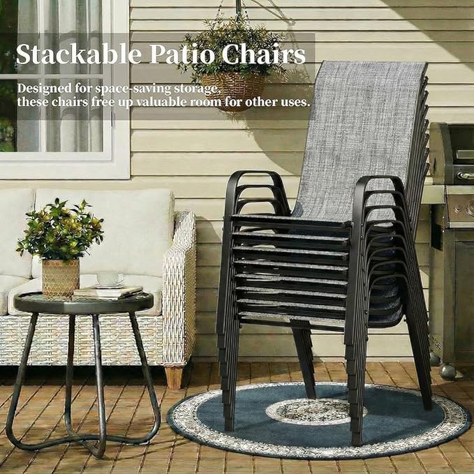 MAMIZO Patio Dining Chairs, Stackable All Weather Teslin Chair, Heavy Duty Outdoor Breathable Chairs Set, w/Armrests, Upgraded Chair FeetW/Strenthened Iron Spacers, 330 LBS (8, Grey) MAMIZO