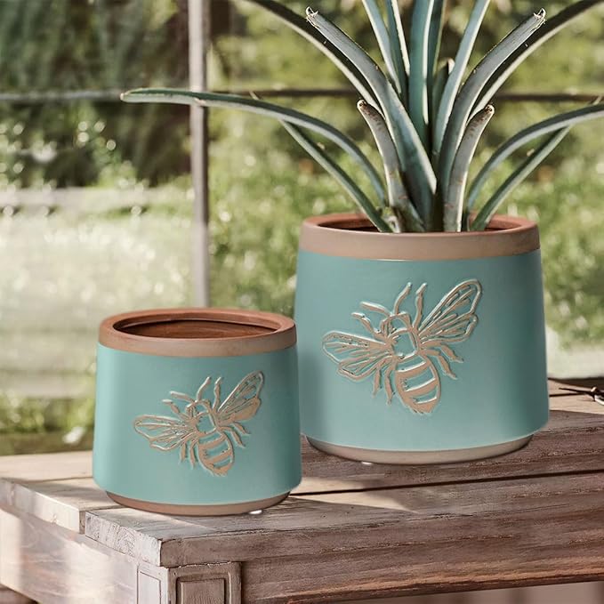 YBX Terracotta Pots with Drainage Holes, Bee Decor, Planter for Indoor Plants, Flower Pots Indoor Succulent, Herbs, Snake Plants (Turquoise, 6+4 Inch) YBXYIBOXUAN