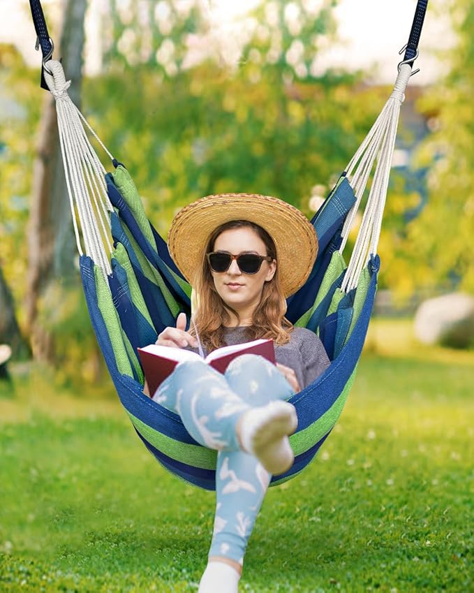 Halalona Hammock Chair Hanging Hammock Chair Rope Swing 2 Cushions Included-Sturdy & Durable Soft Cotton Hand Woven Hammock Swing for Bedroom, Porch, Patio-Indoor/Outdoor Halalona