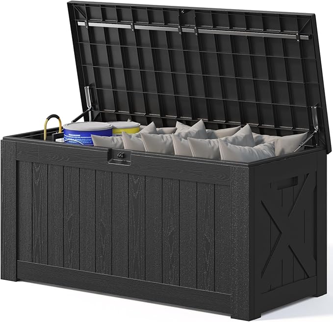 Patiowell 120 Gallon Large Deck Box, Outdoor Lockable Storage Box for Gardening Tools, Waterproof Deck Box for Patio Furniture, Black Patiowell
