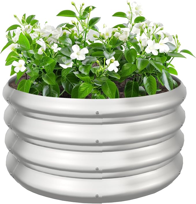2x2x1ft Round Galvanized Raised Garden Bed Outdoor Metal Planter Box Raised Beds for Gardening,Vegetables,Fruits,Flowers & Herbs (Silver) IDEAFAMILY