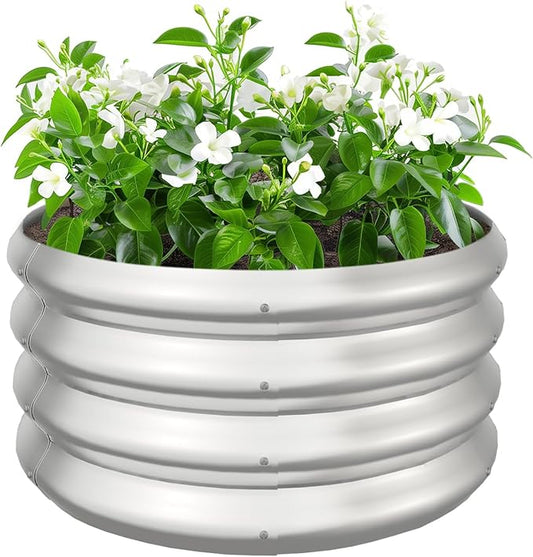 2x2x1ft Round Galvanized Raised Garden Bed Outdoor Metal Planter Box Raised Beds for Gardening,Vegetables,Fruits,Flowers & Herbs (Silver) IDEAFAMILY