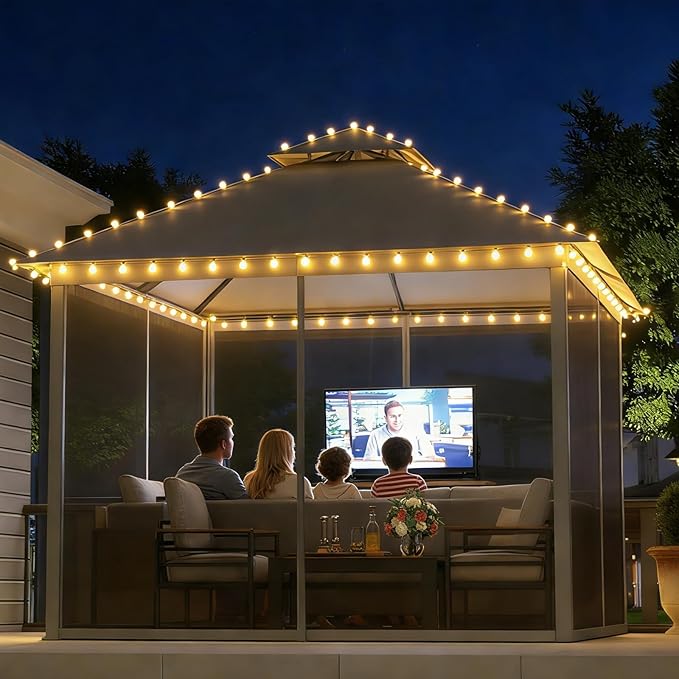Aoxun 10x10 Outdoor Gazebo with 50FT LED Hanging Lights Metal Frame Canopy with Double Roofs Heavy Duty Party Tent and Shelter with Mosquito Netting and Privacy Screen for Backyard, Lawn, Garden(Gray) Aoxun