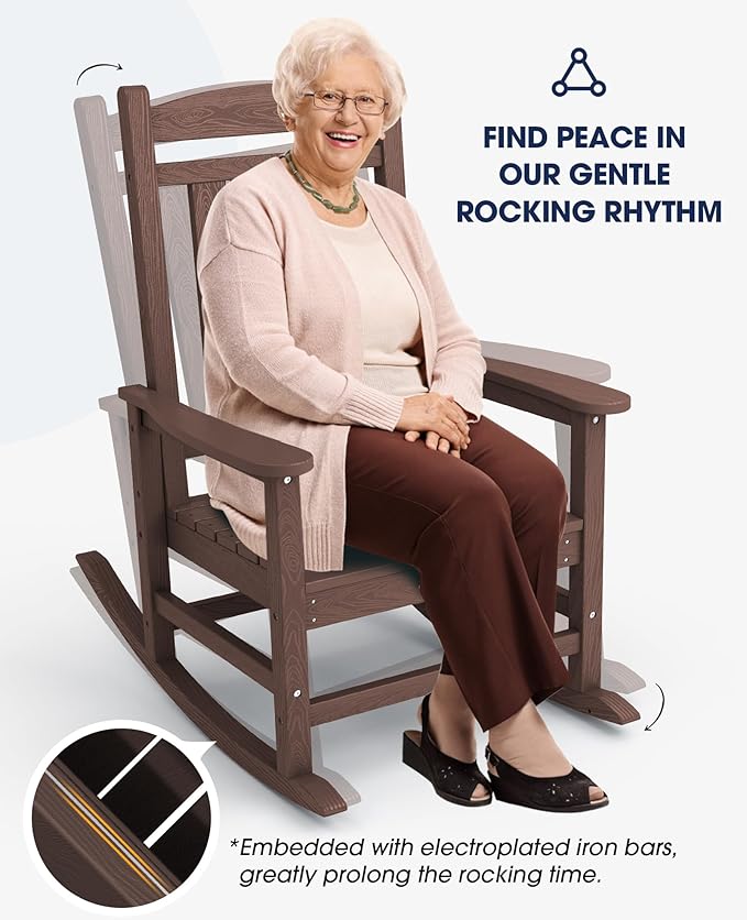 KINGYES HDPE Rocking Chairs Outdoor, Patio Rocking Chairs with 330lbs Support, Smooth Porch Rocker for Deck Lawn Yard, Coffee Brown KINGYES