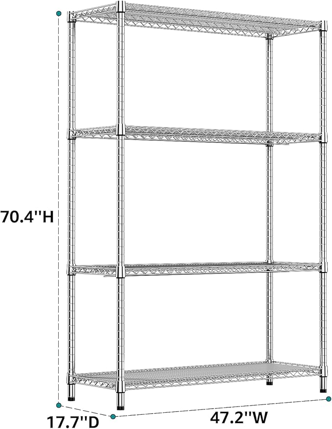 IZEUK 3400 LBS Garage Shelving Wide Storage Shelves 4 Tier Metal Shelves Heavy Duty Adjustable Utility Shelf Rack Chrome 17.7" D x 47.2" W x 70.4" H IZEUK