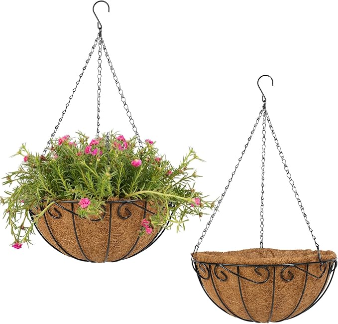 2 Pack 14 inch Metal Hanging Baskets for Plants Outdoor, Hanging Planters Basket with Coco Liners, Hanging Baskets Flower Pots for Garden, Patio, Deck, Porch Plants Dovesail